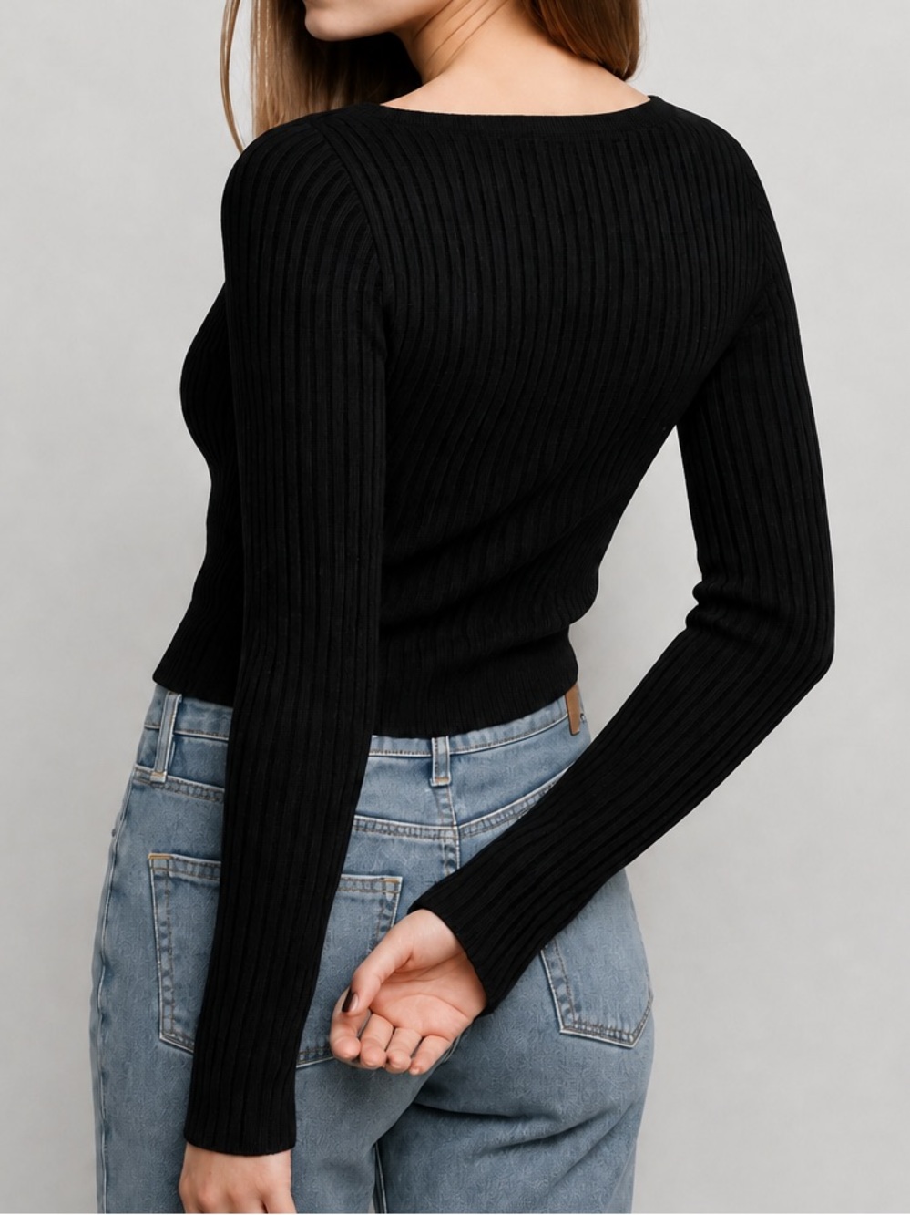 🆕🖤House of Harlow1960 Black Ribbed Wool Cashmere Cropped Knit Sweater Top Size M